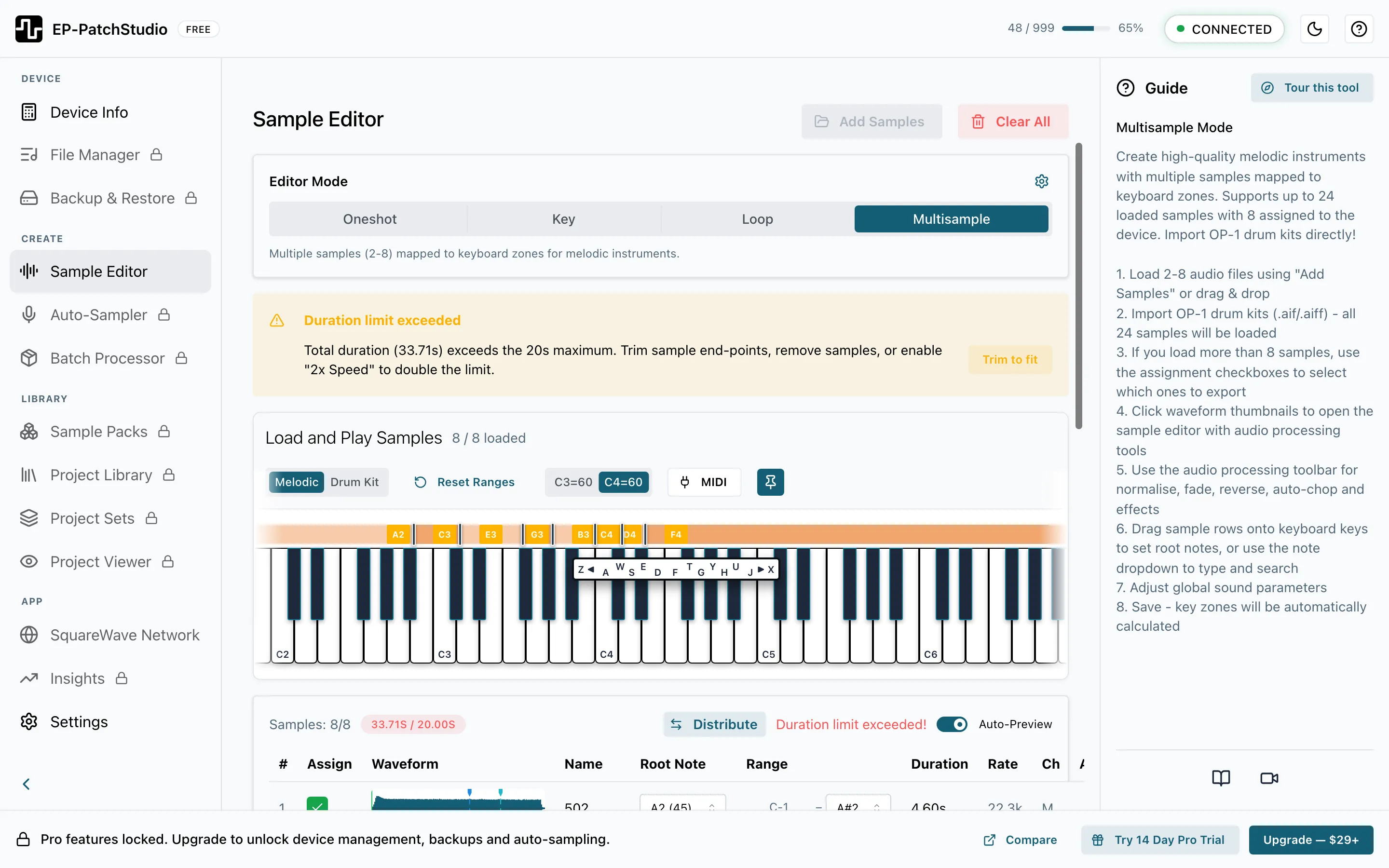 EP-PatchStudio, showing melodic samples mapped across colour-coded keyboard zones in the multisample editor.