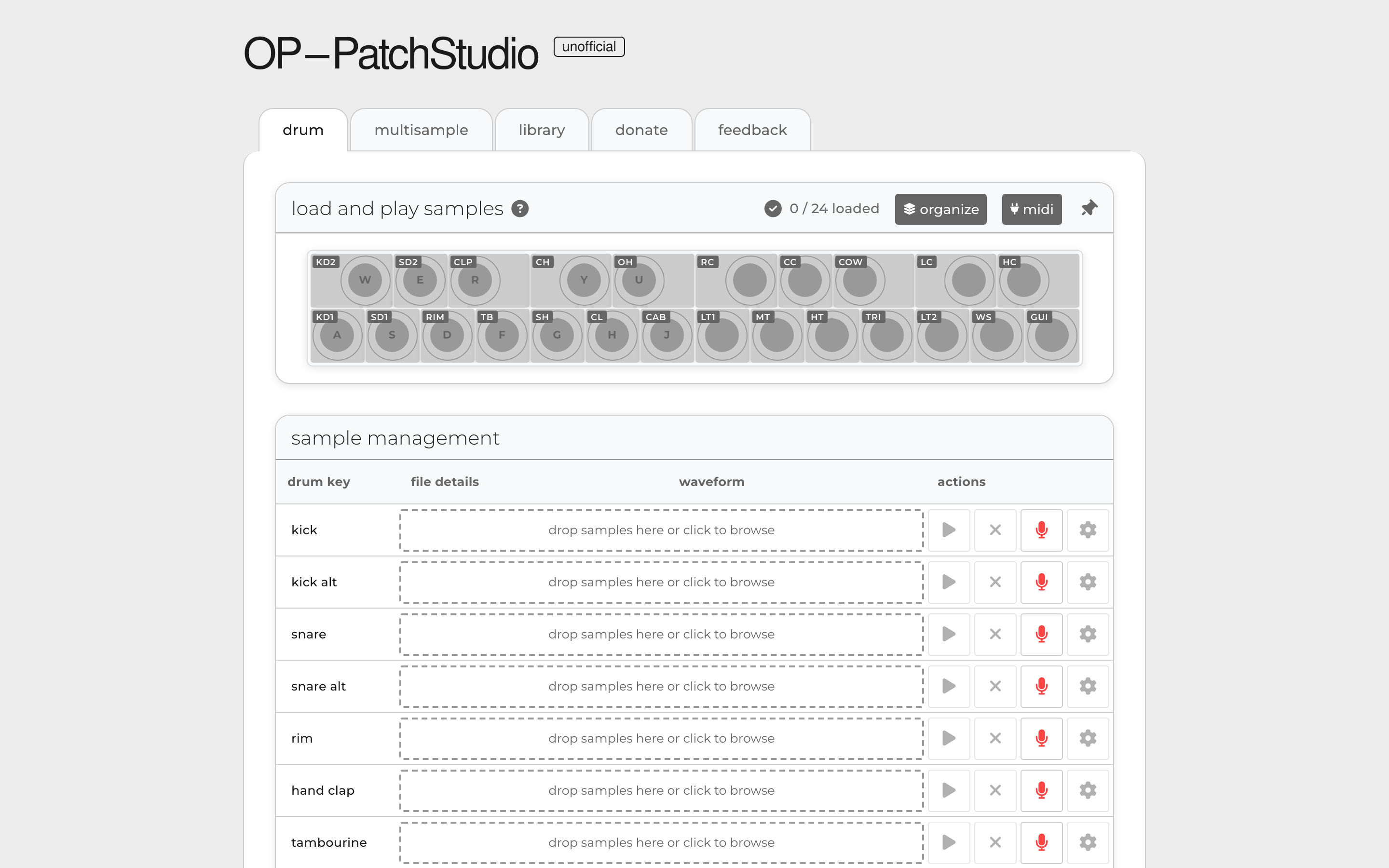 OP-PatchStudio drum tool: 24 OP-XY drum key pads above a per-sample management list.