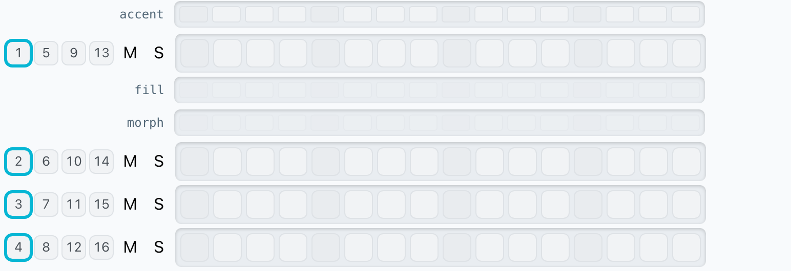 A close-up of the pattern step grid, with accent, fill and morph sub-rows above the per-lane voice steps.